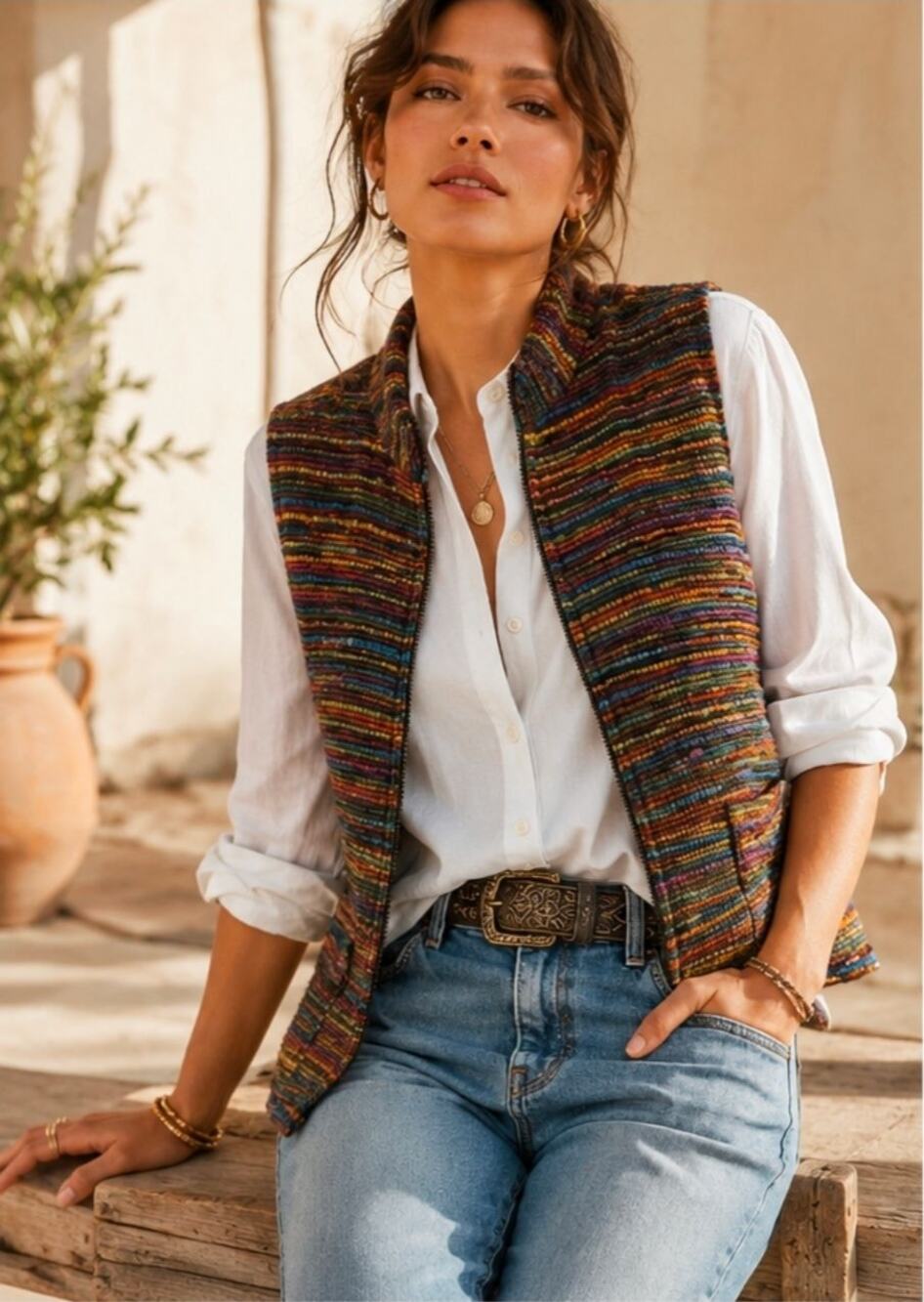 Chico’s Multicolor Woven Silk Blend Vest Textured Boho Artisan Style L